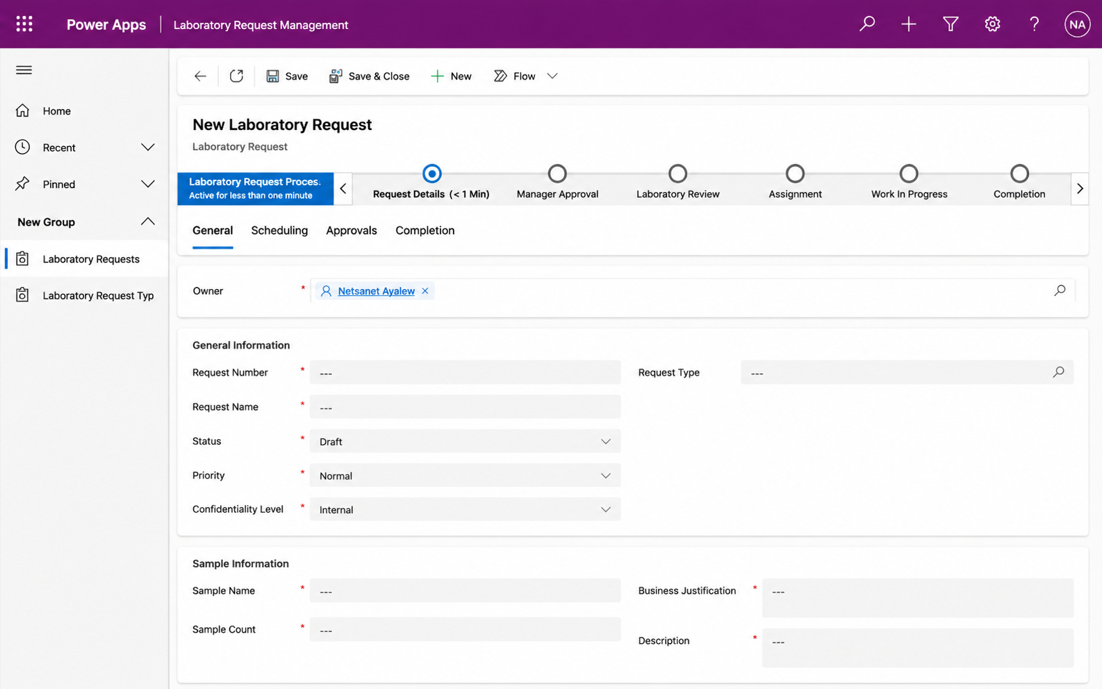 Laboratory Request Management Power Apps application